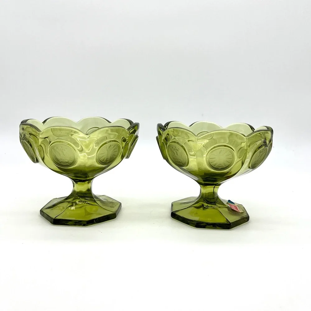 Fostoria Coin Glass Olive Green Compotes Pedestal‎ Candy Dishes Set of 2 - Picture 8 of 9